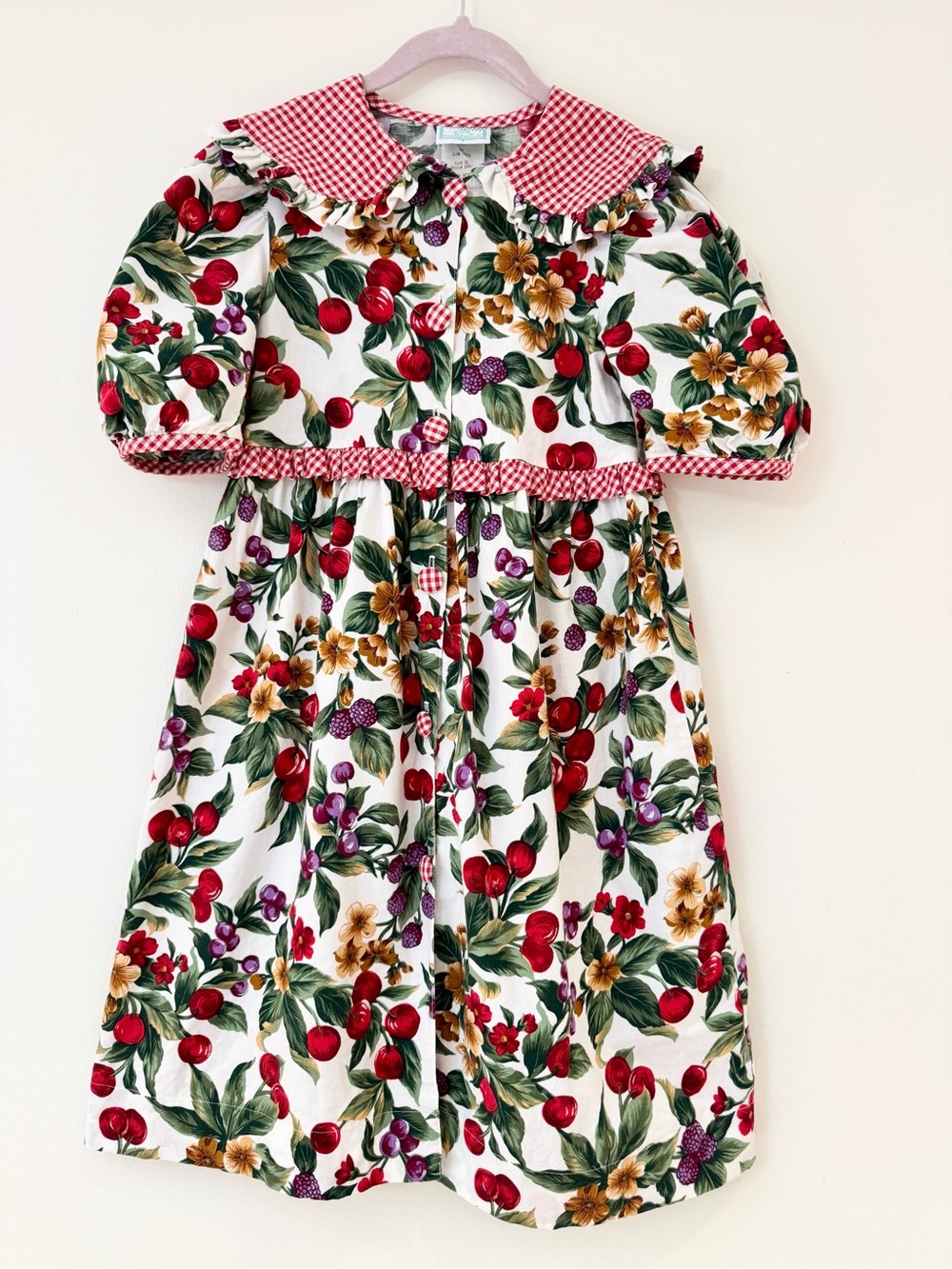 Vintage Made in USA Novelty Cherry Print  Gingham Dress in 100% Cotton, Size 7